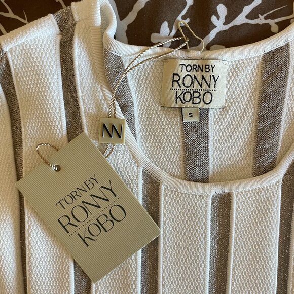 Torn By Ronny Kobo White Striped Pleated Sleeveless Dress, Small, New $75 - Picture 3 of 5
